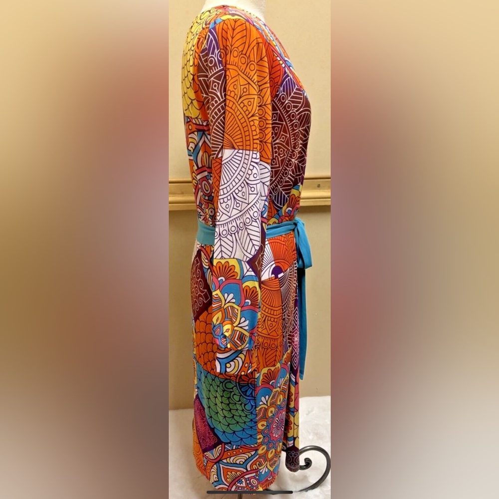 ASHRO Faux Wrap 2 Tone Boho Hippie Mod Print Midi Dress SZ L - Picture 6 of 10